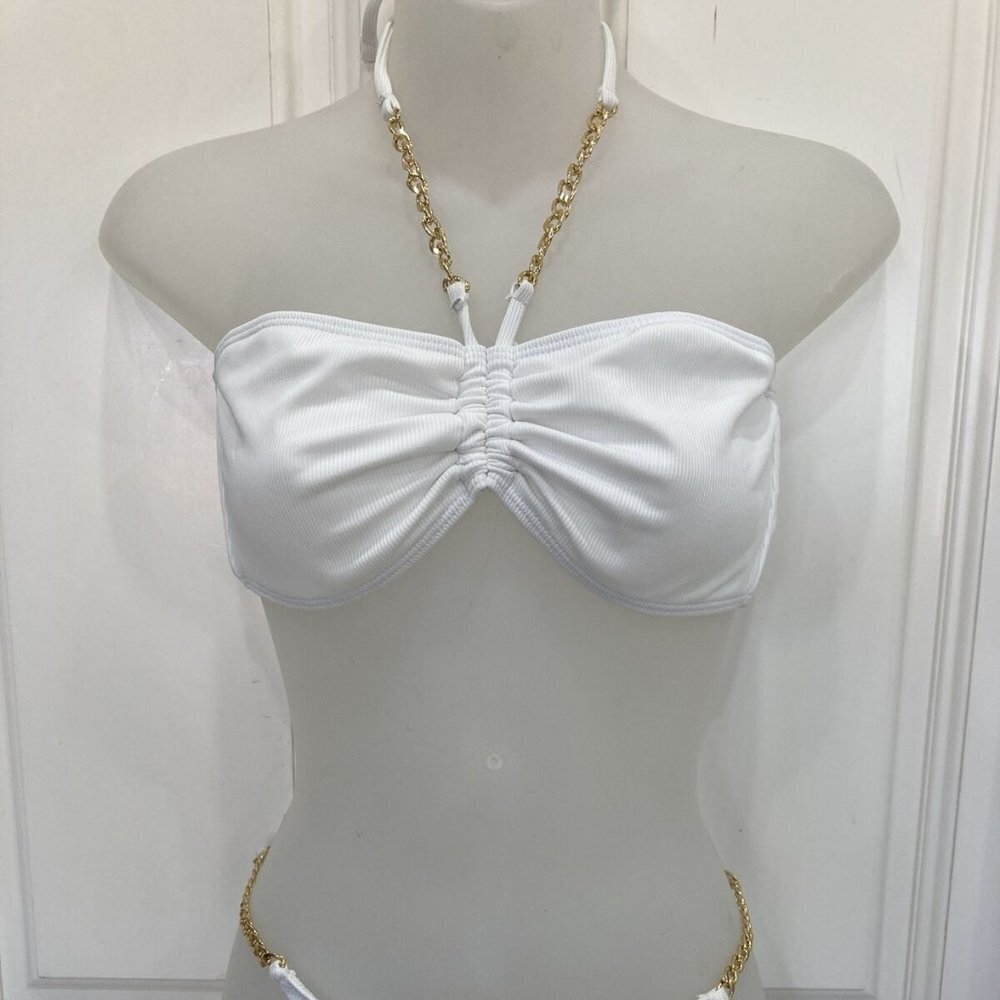 White Thong Bikini 2-piece gold chains sz L removeable cups - Picture 2 of 15